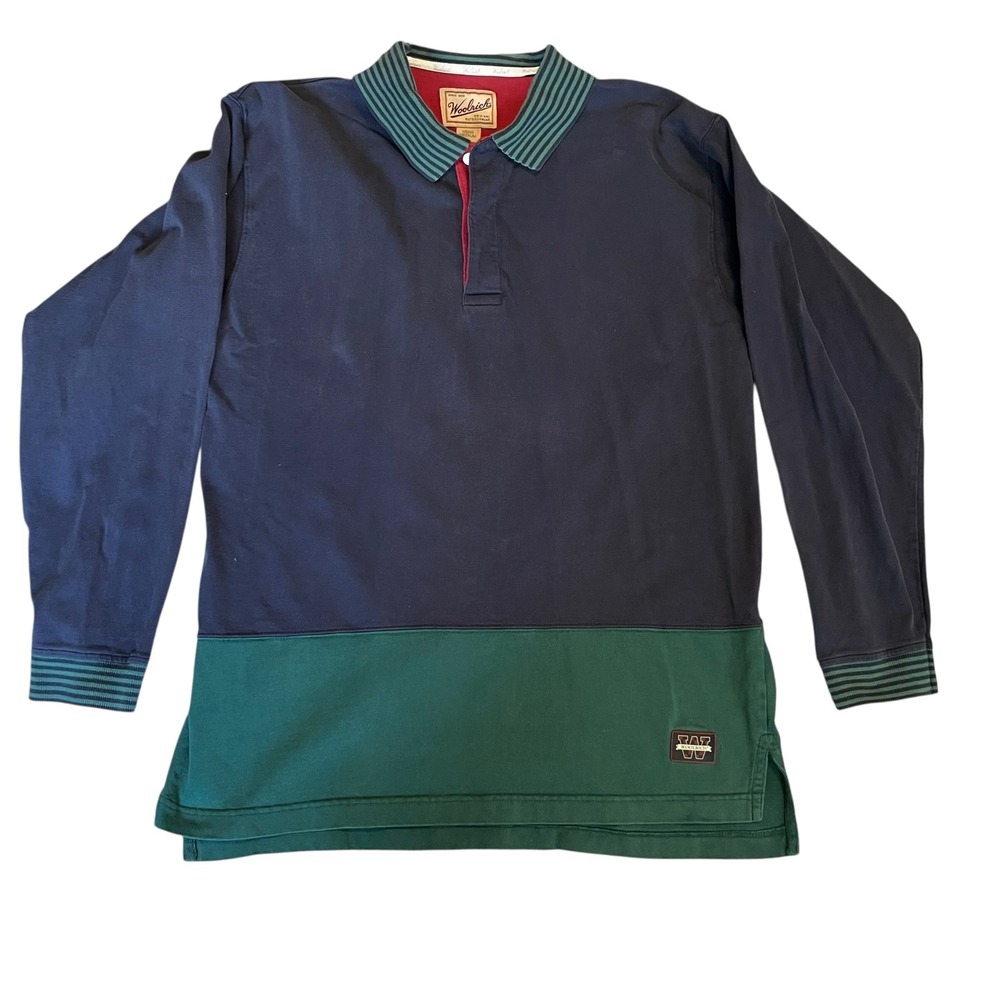 Vintage 90s Woolrich Mens Long Sleeve Rugby Shirt Navy Green Colorblock  M